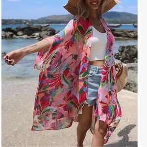 NWT Cover up Kimono tropical beach longline open front